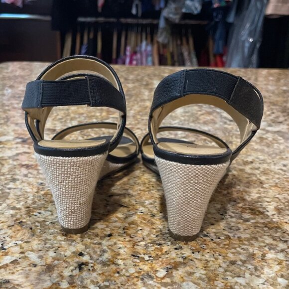 Talbots Black Pebble Leather Sandals with Fabric Wedge Heel - Picture 3 of 4